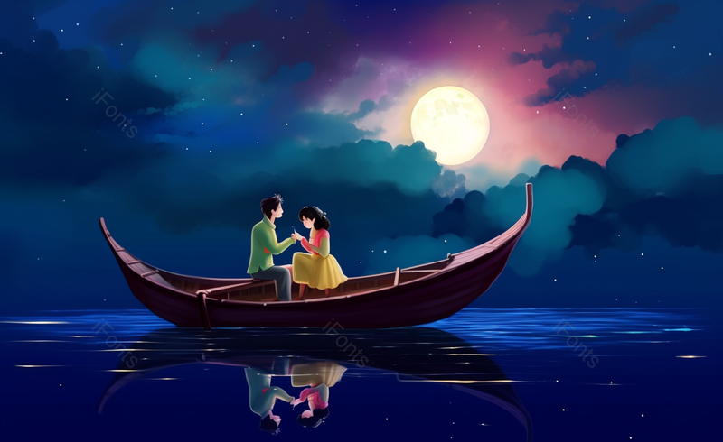 夜间情侣在船上甜蜜互动插画,插画/手绘图,插画/手绘图库,插画/手绘图下载,插画/手绘